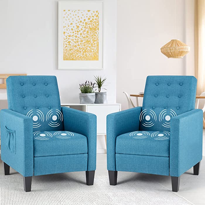 HOMHUM Massage Mid-Century Modern Recliner, Small Fabric Push Back Chair Set of 2, Accent Single Sofas w/Two Side Pockets and Remote Control for Living Room, Bedroom and Office, Blue