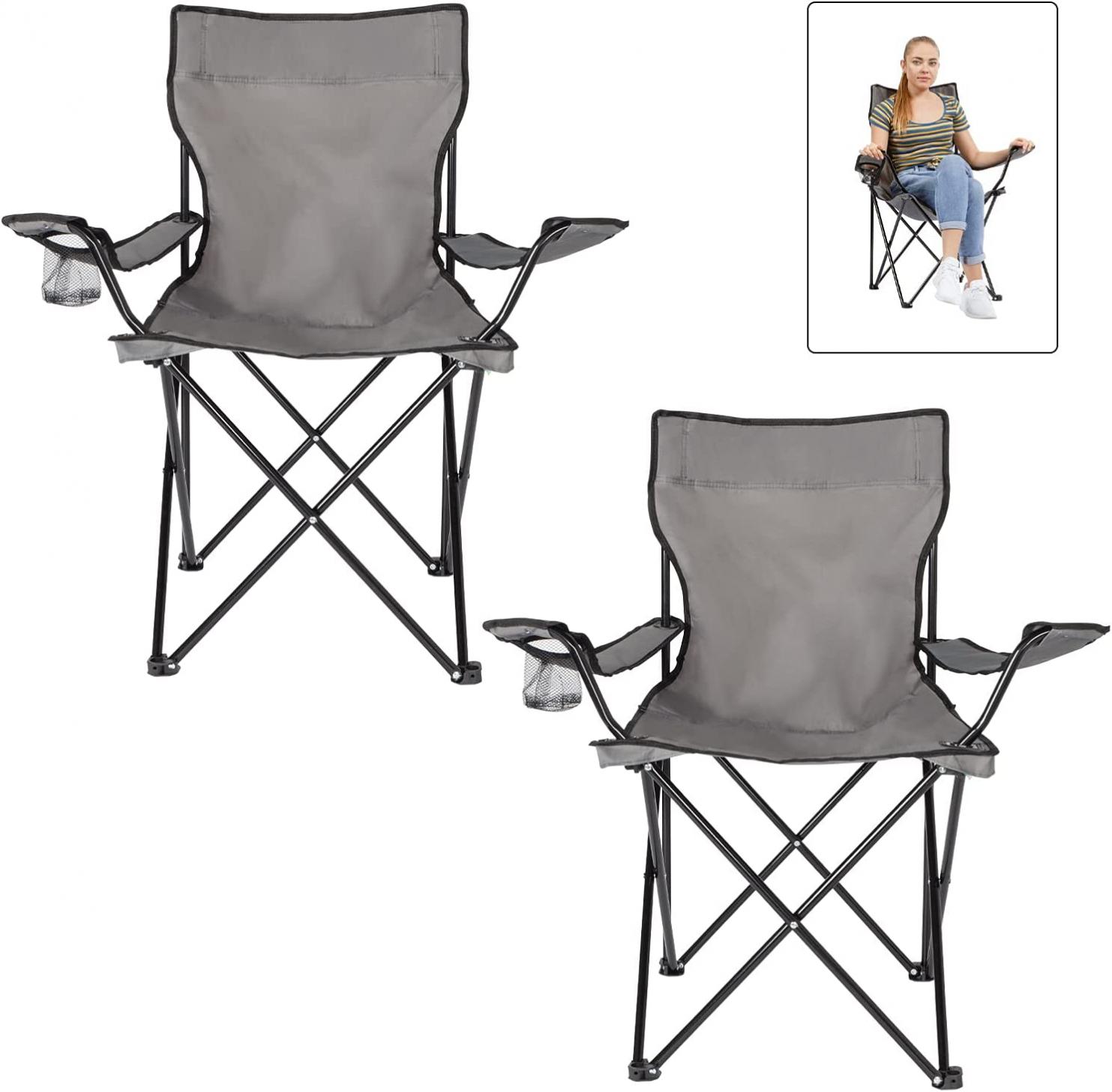 Homewell 2 Pack Outdoor Folding Chair for Camping, Beach, Concerts, Sports Games, Pools, Road Trips with Easy Carry Storage Bag (Grey)
