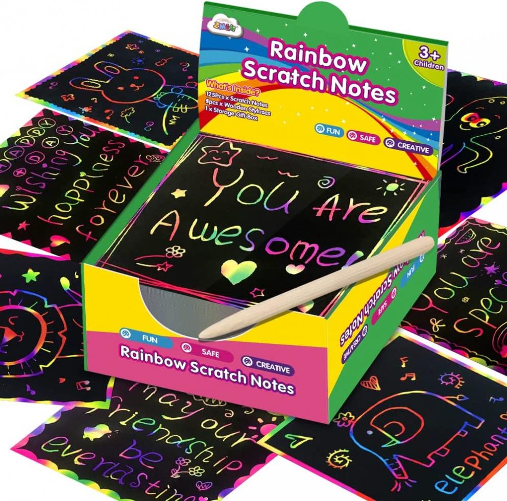 ZMLM Rainbow Scratch Mini Art Notes - 125 Magic Scratch Note Pads Cards Sheets for Kids Black Scratch Crafts Arts DIY Party Favor Supplies Kit Birthday Game Toy Gifts Box for Girls Boys Halloween