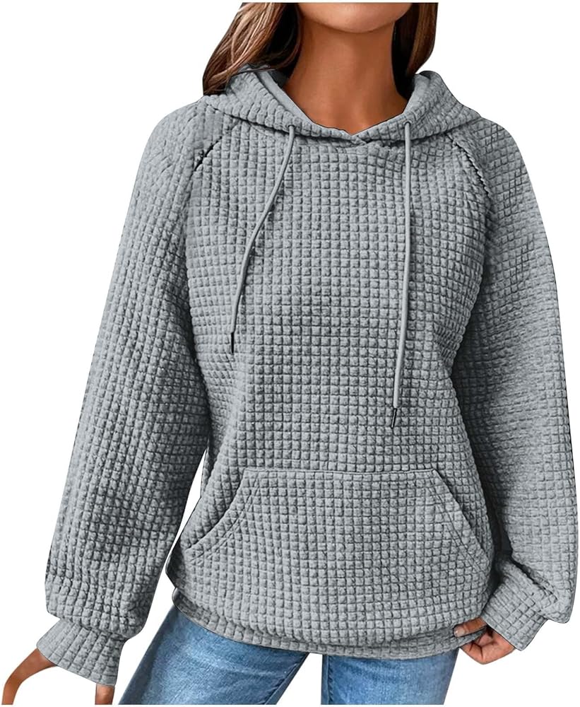 Stessotudo Women’s Casual Waffle Hoodies Long Sleeve Drawstring Comfy Sweatshirts Solid Loose Fit Fashion Fall Clothes 2023