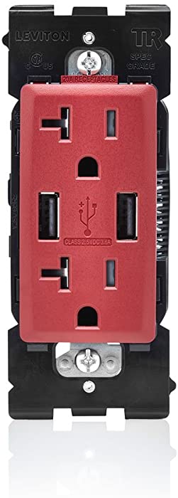 Leviton RUAA2-RE Renu USB Charger/Tamper-Resistant Duplex Outlet, 20A-125VAC, Red Delicious