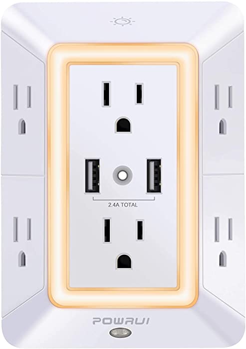 Multi Plug Outlet, Surge Protector, POWRUI 6-Outlet Extender with 2 USB Charging Ports (2.4A Total) and Night Light, 3-Sided Power Strip with Adapter Spaced Outlets - White，ETL Listed