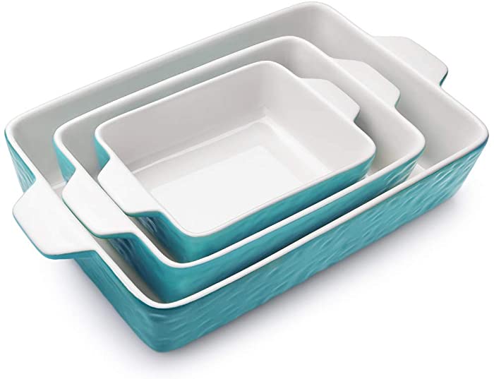 Bakeware Set, Krokori Rectangular Baking Pan Ceramic Glaze Baking Dish for Cooking, Kitchen, Cake Dinner, Banquet and Daily Use, 3 PCS, 11.6 x 7.8 Inches of Aquamarine