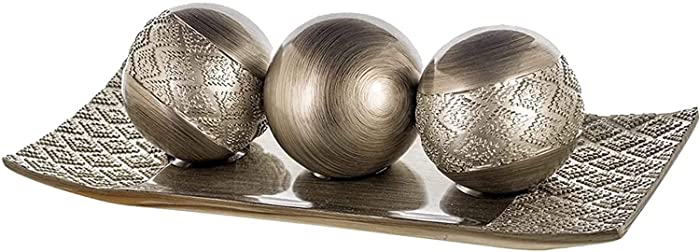 Dublin Decorative Tray and Orbs Balls Set - Centerpiece Bowl with Balls Decorations Matching, Rustic Decorated Spheres Kit for Living Room Dining Room or Coffee Table, Gift Boxed (Brushed Silver)