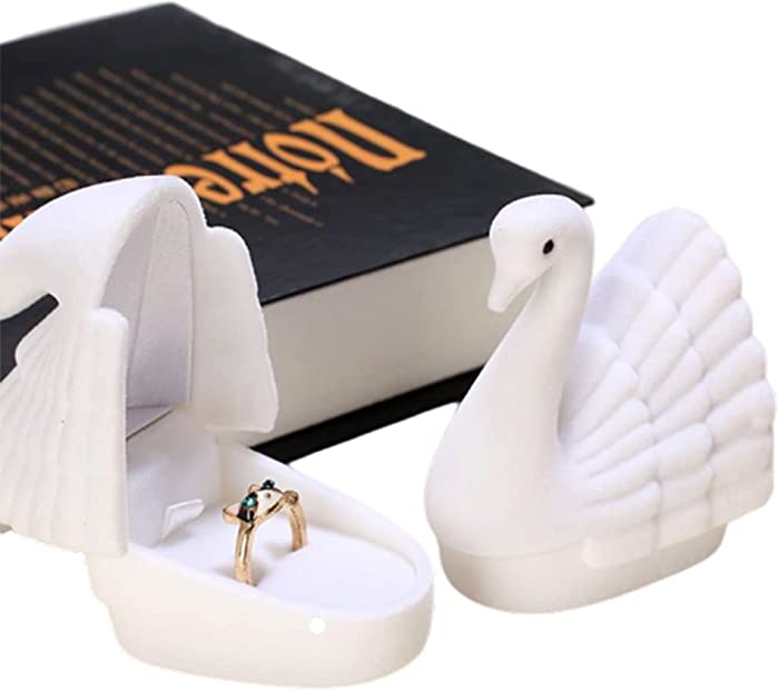Jewelry Gift Box Trinket Box Ring Holder Swan Shaped Black & White Velvet Valentines Small Case for Ring Earring Romantic Proposal Engagement Wedding Ceremony (white)