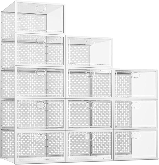 Pinkpum 12 Pack Shoe Storage Boxes, Clear Stackable Shoe Containers for Closet, Sneaker Storage Fit for Size 11 (Large)