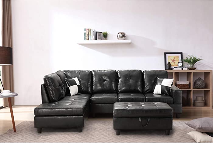 Longrune PU Reversible Sectional Sofa Couch for Living Room with Chaise & Ottoman & 2 Pillows, Black