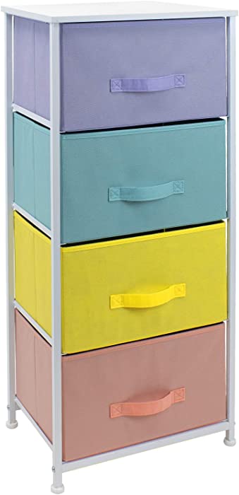 Sorbus Nightstand with 4 Drawers - Bedside Furniture & Accent End Table Chest for Home, Bedroom, Office, College Dorm, Steel Frame, Wood Top, Easy Pull Fabric Bins (4-Drawer, Pastel/White)