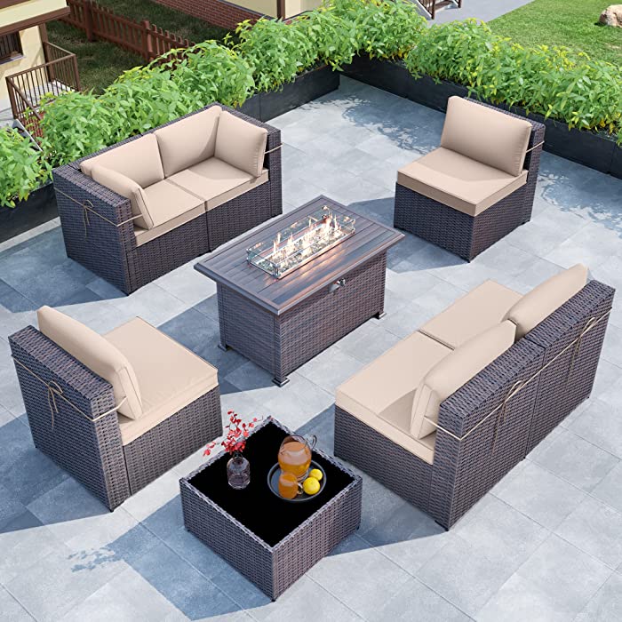 ALAULM 8 Pieces Outdoor Patio Furniture Set with Propane Fire Pit Table Outdoor Sectional Sofa Sets Patio Furniture 43" Gas Fire Pit Brown PE Rattan Patio Conversation Set w/6 Cushions (Sand)
