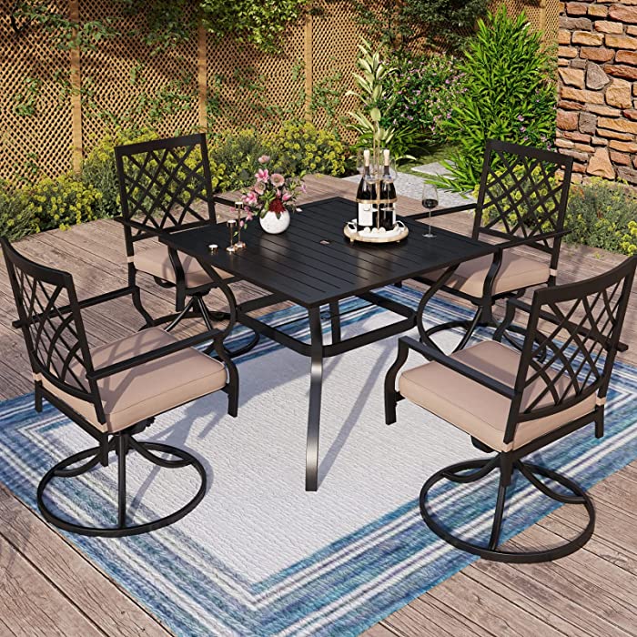 MFSTUDIO 5 Piece Black Metal Outdoor Patio Dining Furniture Set with 4 Swivel Chairs and 37" Steel Frame Slat Larger Square Table with 1.57" Umbrella Hole