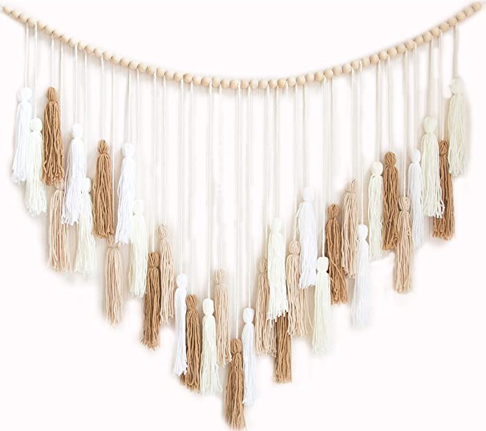 Decocove Macrame Wall Hanging - Large Macrame Wall Hanging with Wood Beads - Bohemian Wall Decor for Bedroom, Living Room and Kitchen - Cream and Beige - 35'' x 36''