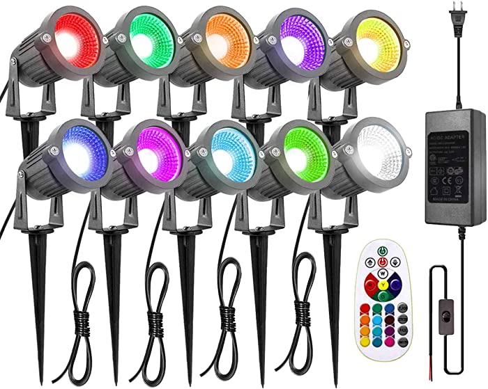ZUCKEO Landscape Lights 6W RGB Remote Control LED Landscape Lighting with 12V 24V Low Voltage Transformer Waterproof 16 Color-Changing Garden Pathway Decorative Lights for Indoors Outdoors (10 Pack)