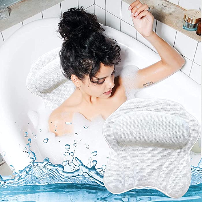 Bath Pillow,Wavy Pillow Madlie Luxury White Bathtub Pillow Rest with 6 Powerful Suction Cups & Hook for Tub Neck and Back Support, Spa Pillow for Bathtub, Hot Tub Pillow