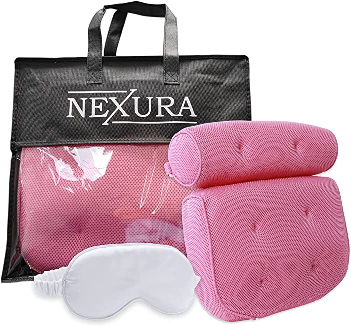 Nexura Bath Pillow Luxury Comfort - Upgraded with 6 Strong Adhesive Non-Slip Suction Cups, Thick & Soft, Air Mesh Technology Bathtub Pillow for Headrest, Back & Neck Support with Sleep Eye Pad (Pink)