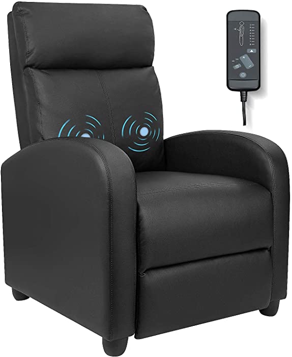 Furniwell Recliner Chair Massage Home Theater Seating Wing Back Pu Leather Modern Single Living Room Reclining Sofa with Footrest (Black)