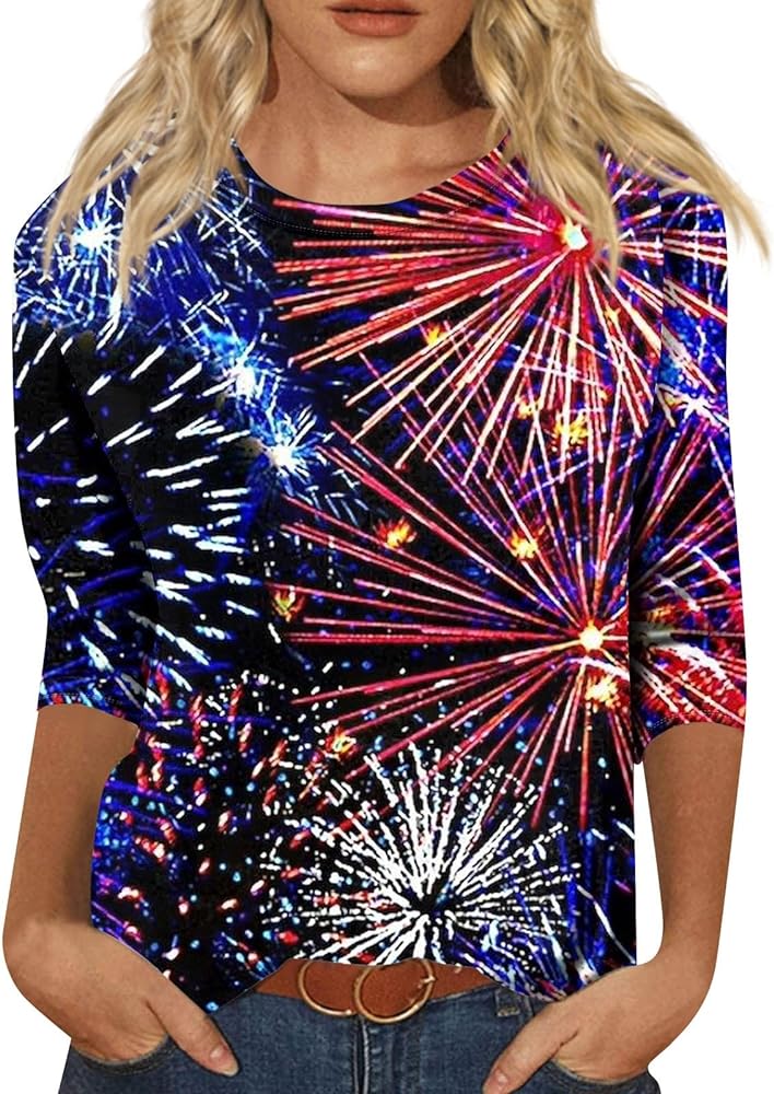 Womens 4th of July Shirt 2024 3/4 Sleeve Stars Stripes Print Tops