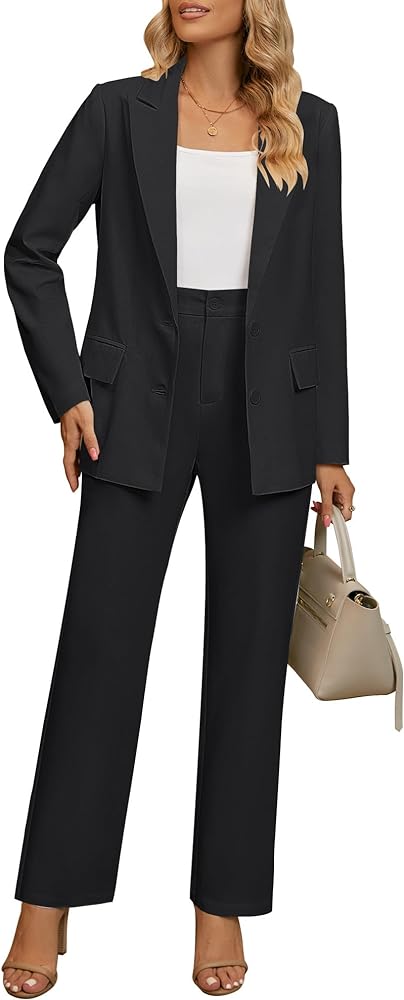 LookbookStore 2 Piece Pant Suits for Women Dressy Blazer High Waisted Straight Leg Pants Sets Business Casual Outfits