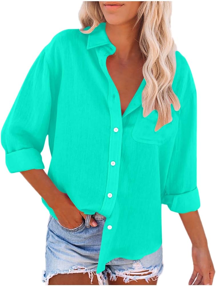 Linen Shirts for Women with Pockets Long Sleeve Button Down Shirt Blouse Loose Fit Vacation Beach Work Tops Clothes