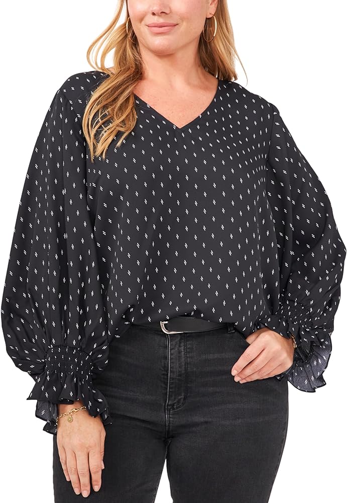 Vince Camuto Plus Size Printed Smocked-Cuff V-Neck Blouse