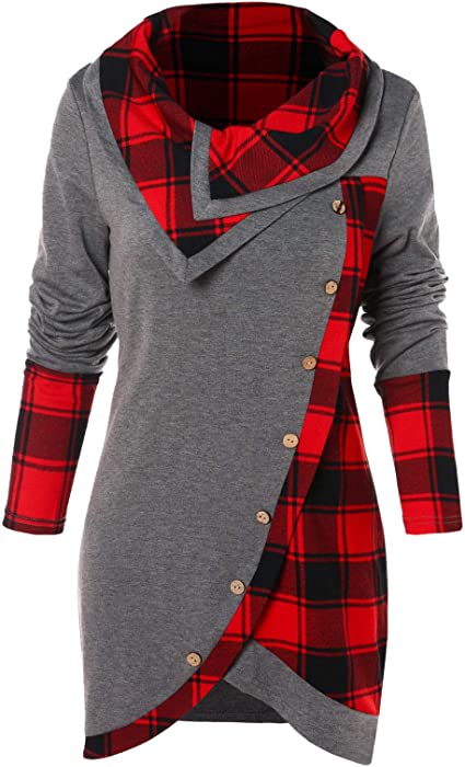 Rosegal Women's Turtleneck Plaid Long Sleeve Button Pullover Thin Tunic Sweatshirt Top