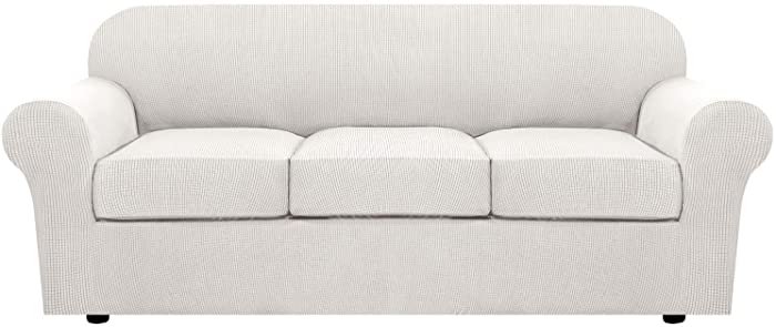 H.VERSAILTEX 4 Piece Stretch Sofa Covers for 3 Cushion Couch Covers for Living Room Furniture Slipcovers (Base Cover Plus 3 Seat Cushion Covers) Upgraded Thicker Jacquard Fabric (Sofa, Off White)