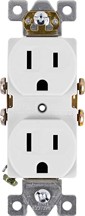 GE home electrical, White, GE Ultra Pro Duplex Heavy-Duty Receptacle, 2, Wall Outlet, Reinforced Yoke, Self-grounding Clip, 3 Prong, Supports 15A, UL Listed, 42157