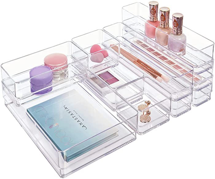 STORi 10-Piece Stackable Clear Drawer Organizer Set | Multi-size Trays | Makeup Vanity Storage Bins and Office Desk Drawer Dividers | Made in USA
