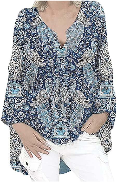 Womens Cotton Linen Shirts Plus Size Tops Trendy Printed Roll Sleeve T-Shirt V-Neck Loose High Low Flowy Blouse Tunics