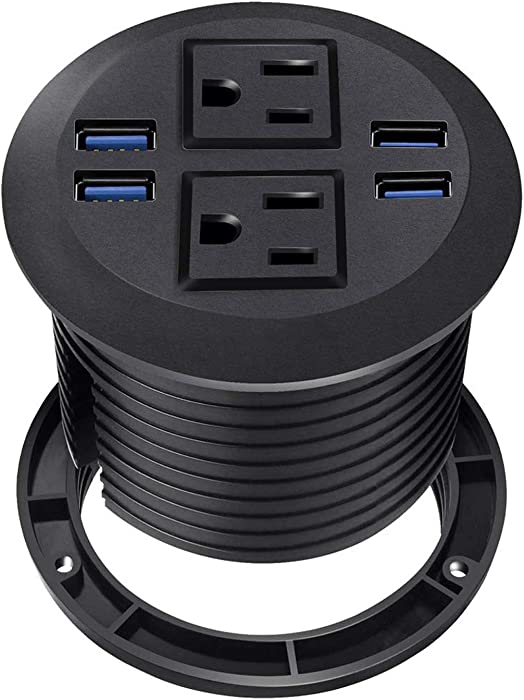 Desktop Power Grommet with USB,Countertop Power Grommet Outlet with 2 Outlets,Desk Power Grommet with 4 USB, 3 inch Hole Grommet Mounts Power Outlet,with 6ft Extension Cord(4 USB Ports)