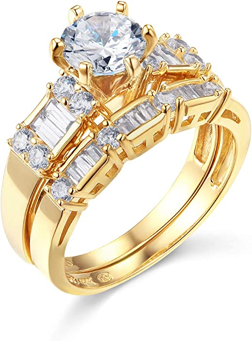 14k Yellow OR White Gold SOLID Wedding Engagement Ring and Wedding Band 2 Piece Set