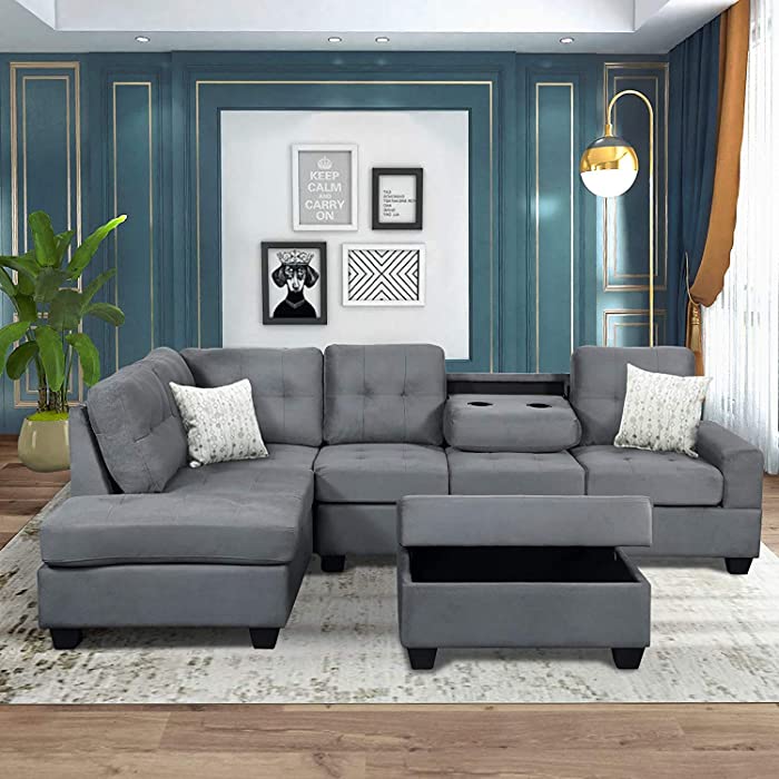 Sectional Sofas 3-Seat Sofa Sectional Sofa Couches with Chaise Lounge and Ottoman for Living Room Furniture (Grey)