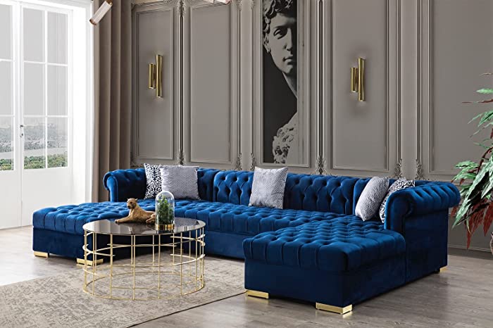 Modern Upholstered Soft Velvet Fabric 4 Seater U-Shape Sectional Sofa Set with Two Pillows and Double Extra Wide Chaise Lounge Couch for Home Conversation & Living Room Furniture (Blue), 141 X 71x 34