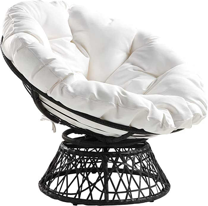 OSP Home Furnishings Wicker Papasan Chair with 360-Degree Swivel, 40” W x 36” D x 35.25” H, Grey Frame with White Cushion