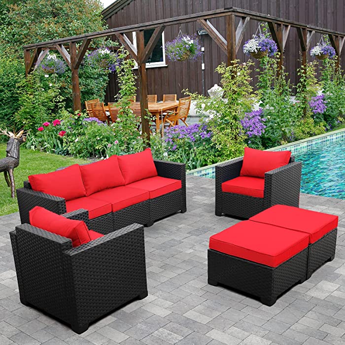 Outdoor Wicker Furniture Couch Set 5 Pieces, Patio Furniture Sectional Sofa with Red Cushions and Furniture Covers