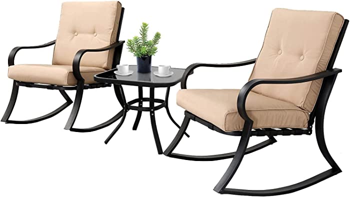 SOLAURA 3-Piece Outdoor Rocking Chairs Bistro Set, Black Iron Patio Furniture with Brown Thickened Cushion & Glass-Top Coffee Table