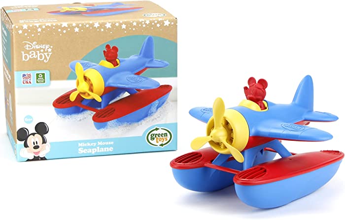 Green Toys Disney Baby Exclusive Mickey Mouse Seaplane, Blue/Red - Pretend Play, Motor Skills, Kids Bath Toy Floating Vehicle. No BPA, phthalates, PVC. Dishwasher Safe, Recycled Plastic, Made in USA.