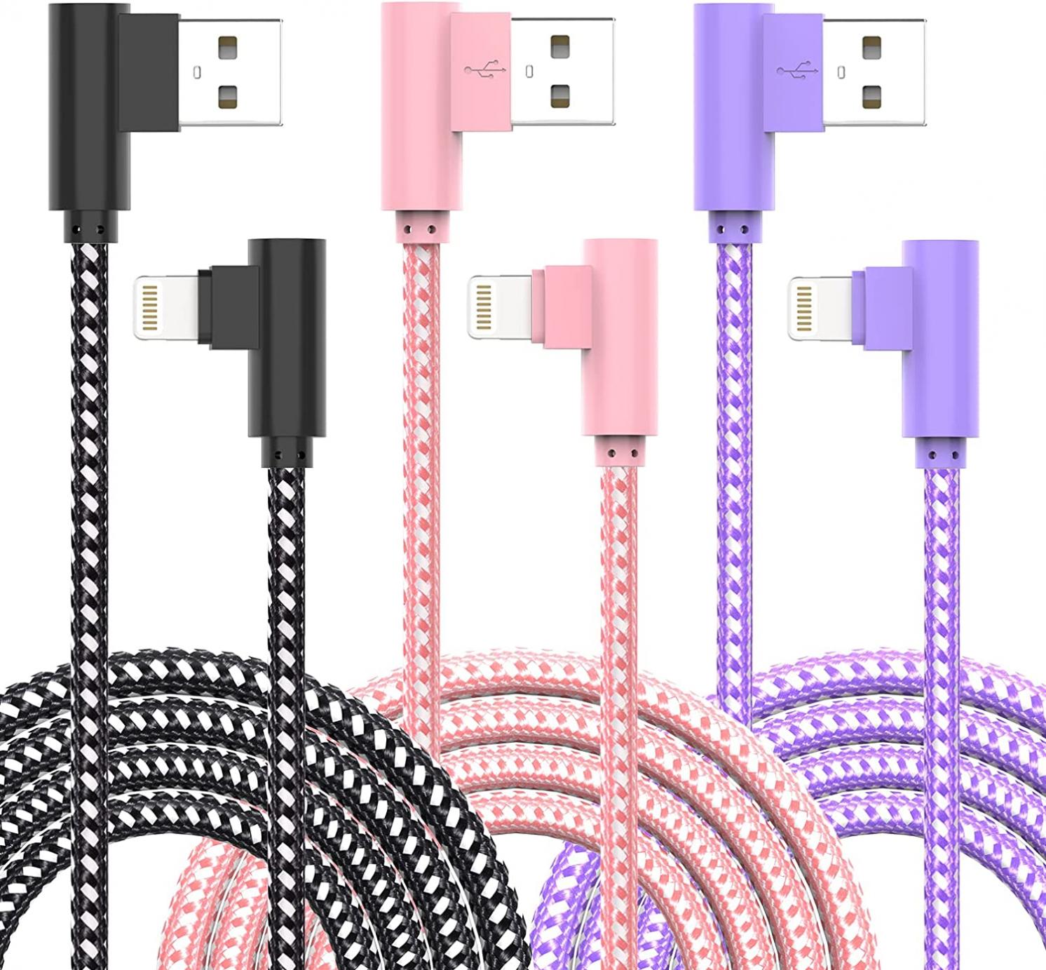 iPhone Charger 10FT Lightning Cable [Apple MFi Certified] Right Angle 3 Pack 90 Degree Nylon Braided Apple Chargers for iPhone 14/13/12/11 Pro Max/X/XS/XR/XS Max/8/7/6