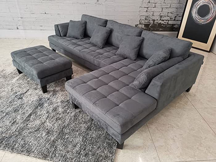 3pc New Modern Dark Grey Microfiber Sectional Sofa Chaise Ottoman Set S168RDG