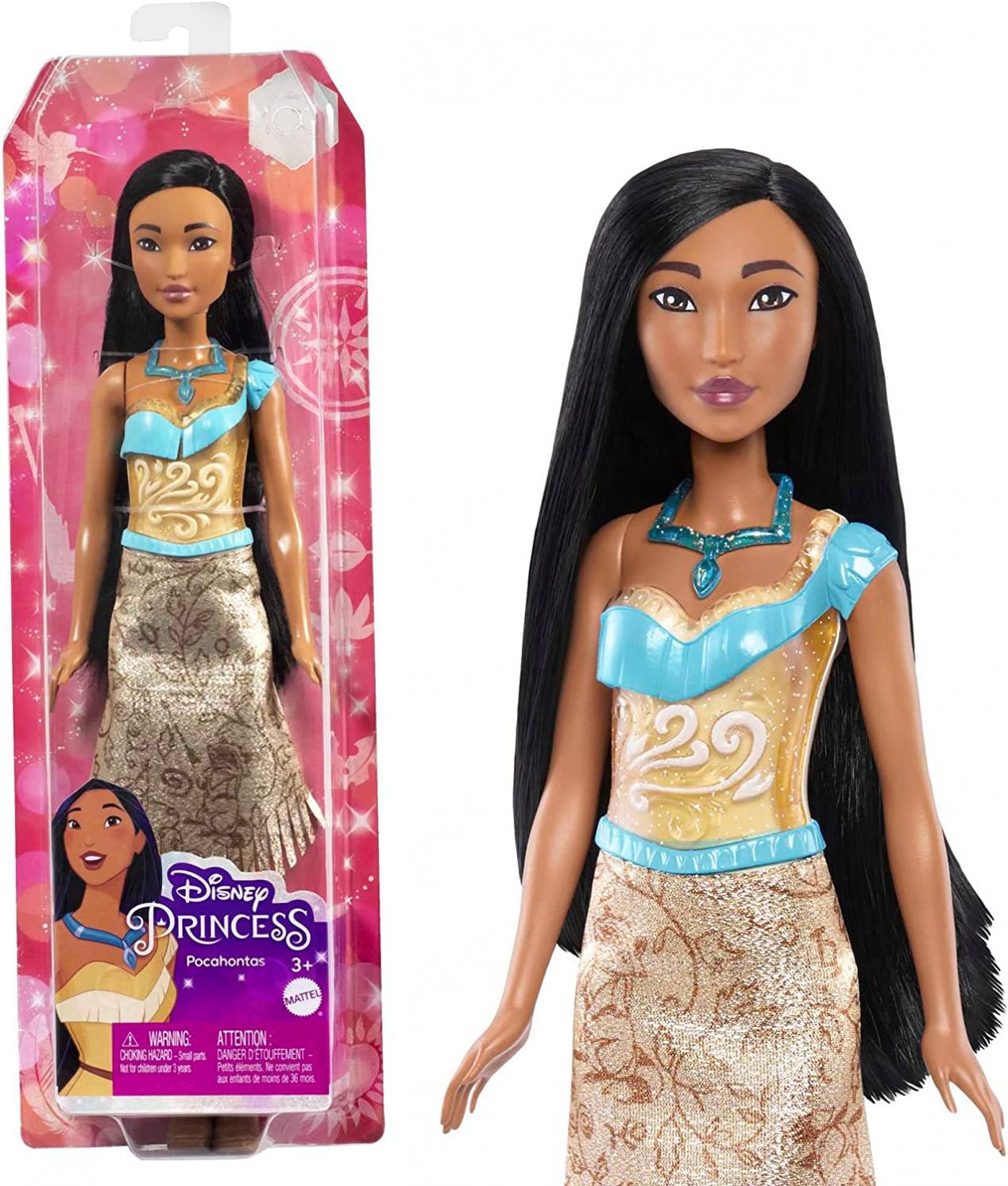 Disney Princess Pochontas Fashion Doll, New for 2023, Sparkling Look with Black Hair, Brown Eyes & Necklace Accessory