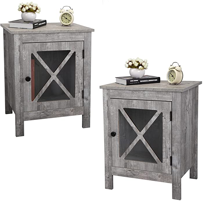 JAXPETY Set of 2 Wooden Nightstand with X-Design Glass Door, End Table Sofa Table Side Table with Rustic Style for Bedroom Living Room Bathroom Office Home Furniture (2-Pack) (Light Grey)