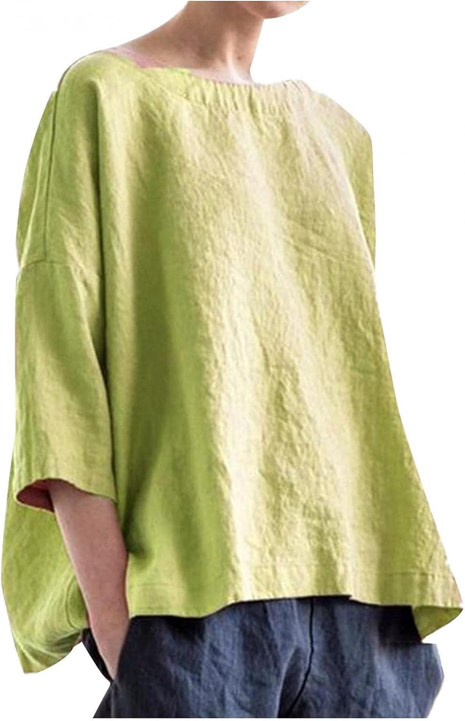 Women's Cotton Linen Shirts Blouse High Low Shirt 3/4 Short Sleeve Tops Solid Color Plain Top Basic Crop Tees T-Shirts