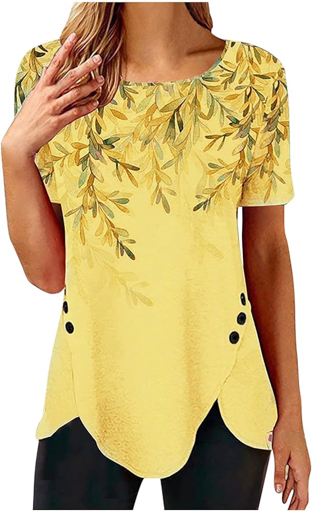 Women 2024 Floral Tops Blouses Short Sleeve Summer Shirt Trendy Fitted Tunic Blouse Dressy Causal Ladies Clothing
