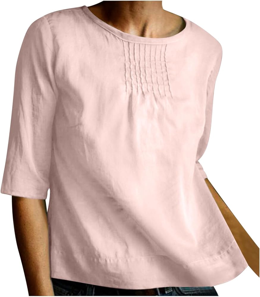 Shirts for Women Trendy Summer Elbow Sleeve Cotton Linen Tops Shirt Lightweight Crewneck Casual Trendy Blouse