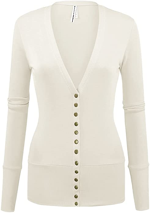 OLLIE ARNES Womens Basic Chic Long Sleeve Solid Button Up V-Neck Knit Cardigan