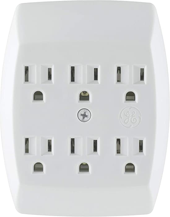 GE 6-Outlet Extender Wall Tap, Grounded Adapter, Charging Station, 3-Prong, Secure Install, UL Listed, White, 54947