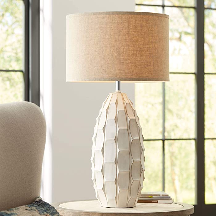 Cosgrove Mid Century Modern Coastal Table Lamp 32.75" Tall Ceramic White Handcrafted Beige Fabric Drum Shade Decor for Living Room Bedroom House Bedside Nightstand Home Office - Possini Euro Design