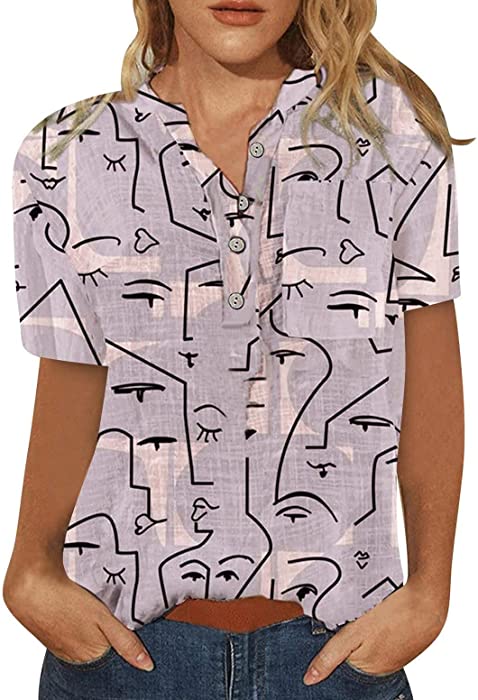 SNKSDGM Womens Button Down Henley Shirts Printing Casual Trendy Tee Shirt Short Sleeve Blouse Dressy Loose Summer Tunic Tops