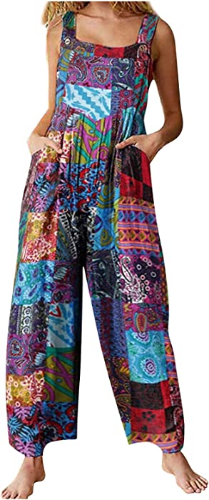 Hesxuno Jumpsuits for Women Casual Loose Plus Size Overalls Retro Print Wide Leg Buttons Jumpsuits Rompers with Pockets