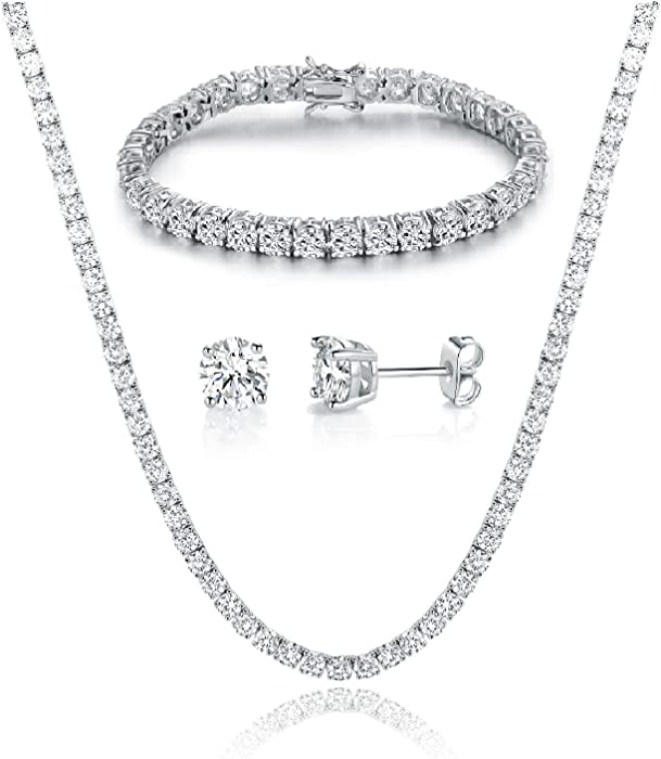 18K White Gold Plated Tennis Necklace/Bracelet/Earrings Sets Pack of 3
