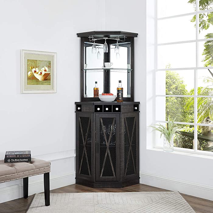 Home Source Grey Corner Bar Unit with Built-in Wine Rack and Lower Cabinet